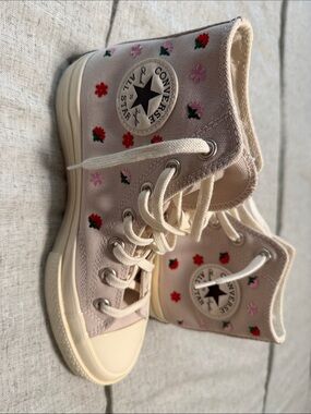 Converse High Top Sneakers - Light Pink with Red & Green Floral Embroidery
